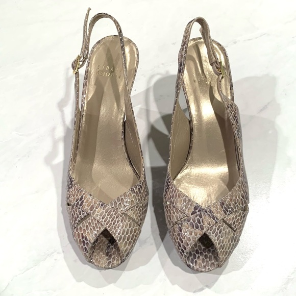 Stuart Weitzman Snakeskin Open Toe Sling Back Pumps - Picture 1 of 5